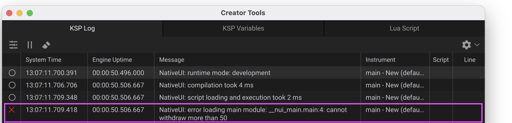 Error Message in Creator Tools