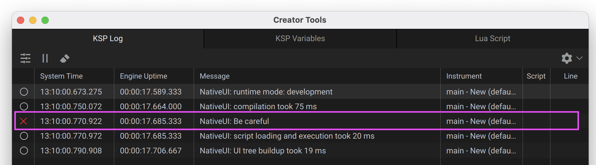 Warning Message in Creator Tools